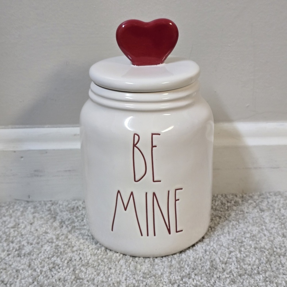 RAE DUNN BE MINE White w RED HEART Knob Letters Lidded CANISTER Magenta Ceramic